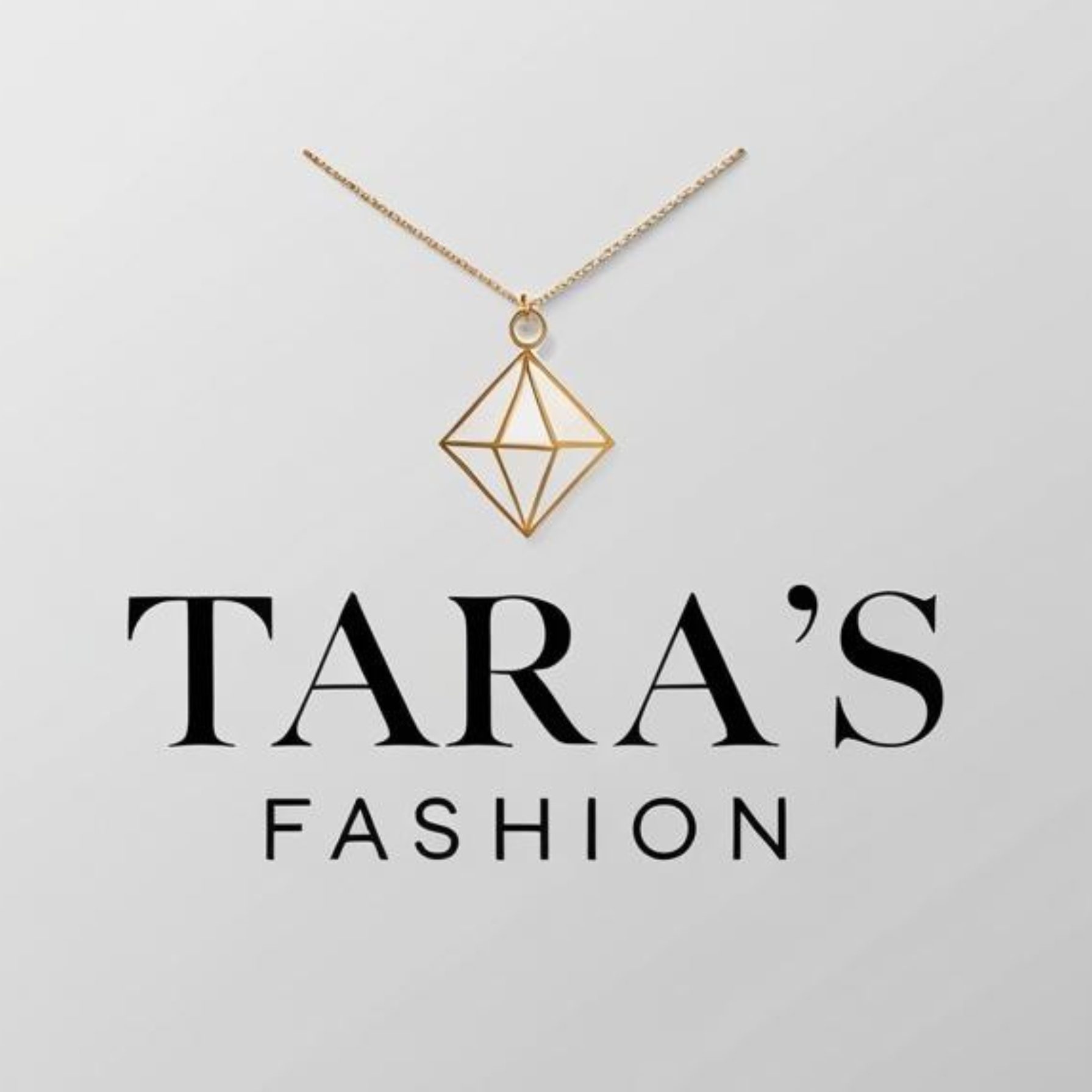 Logo for Tara's Fashion featuring a gold geometric pendant.